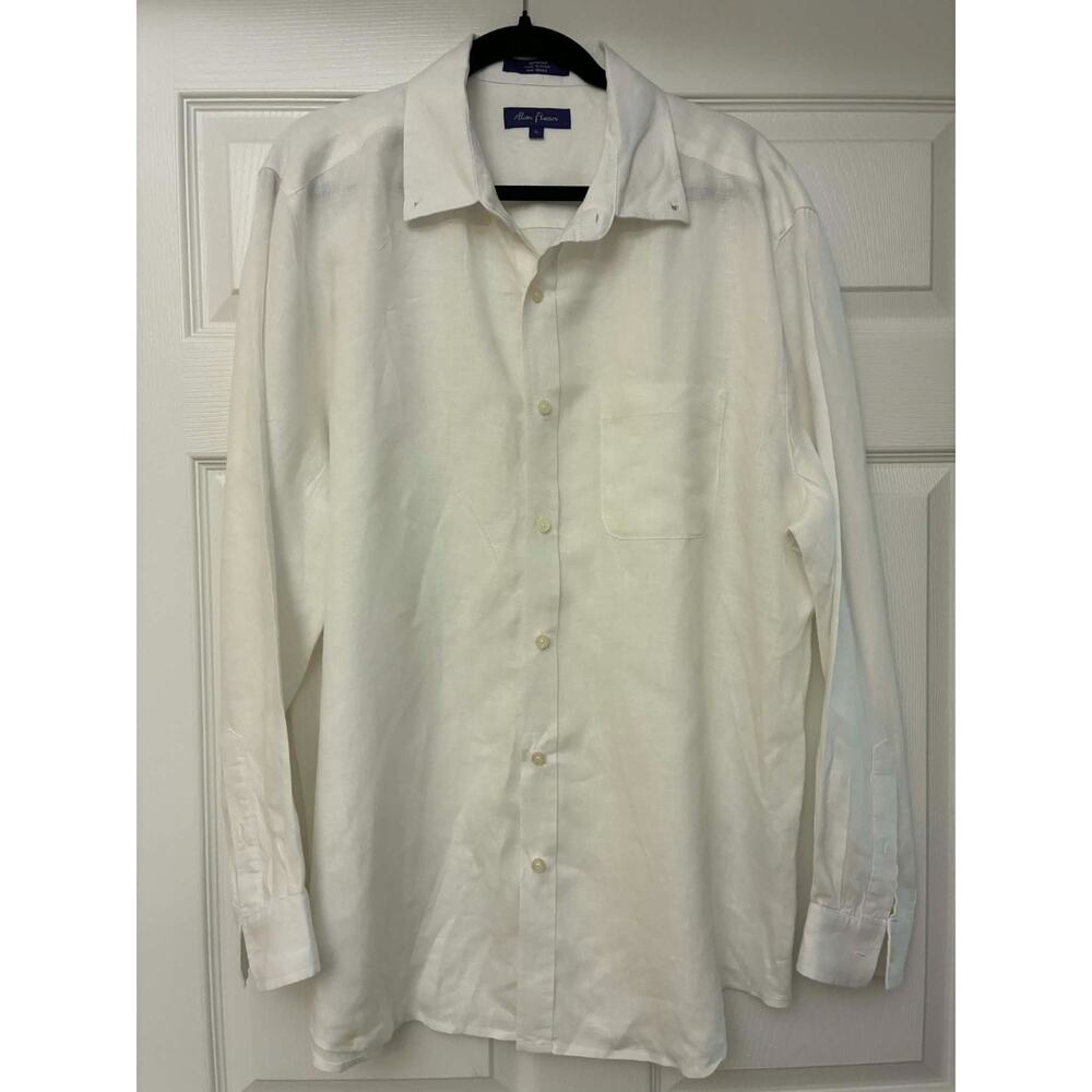 Alan Flusser Mens XL White 100 % Linen Button Down‎ Shirt Long Sleeve